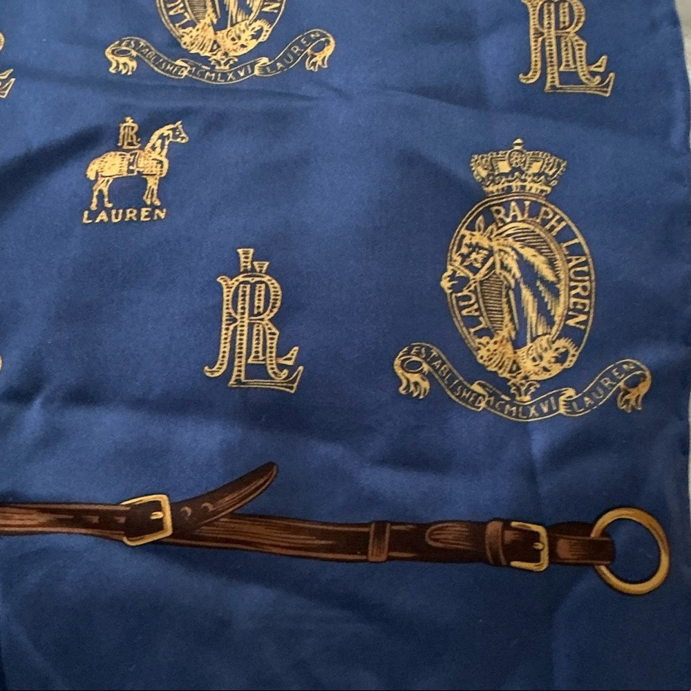 Ralph Lauren Blue Silk Scarf with Gold Equestrian Crest